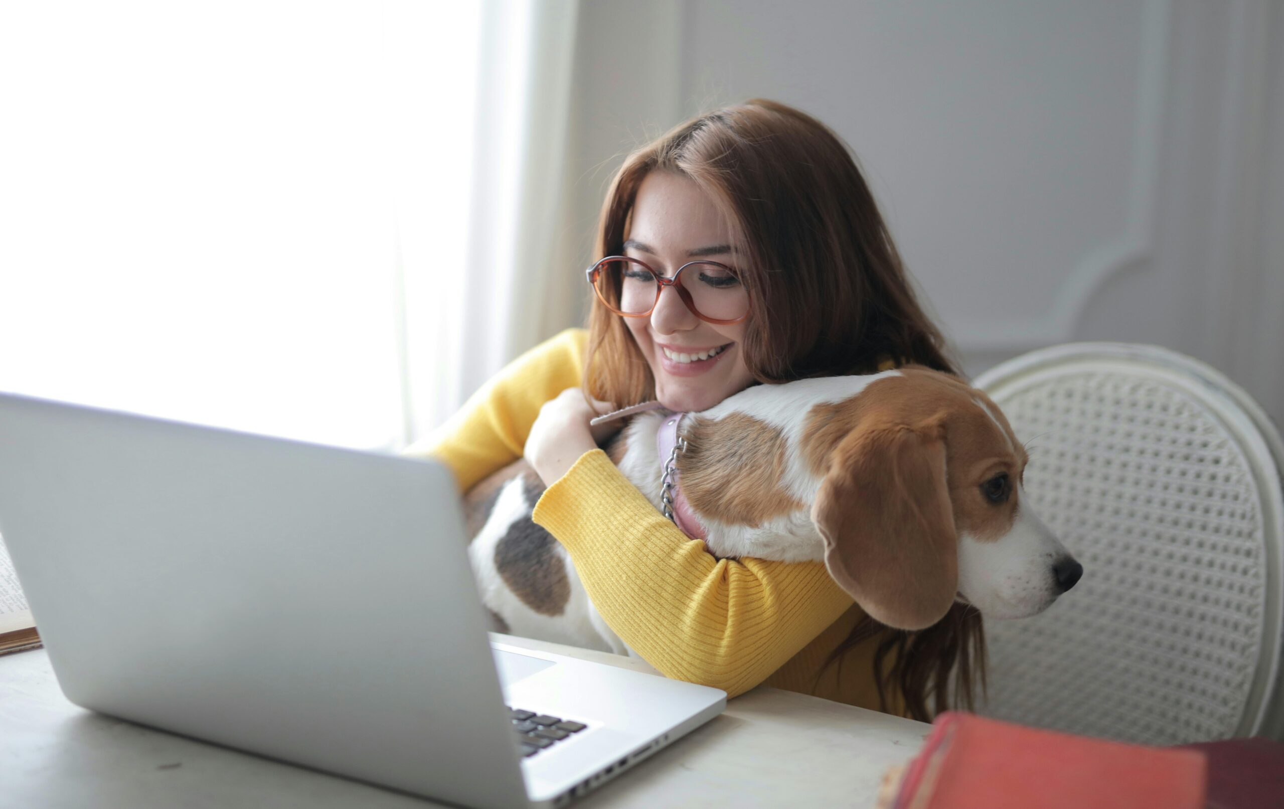 A happy woman using a laptop at home, hugging her beagle dog while enjoying remote work.